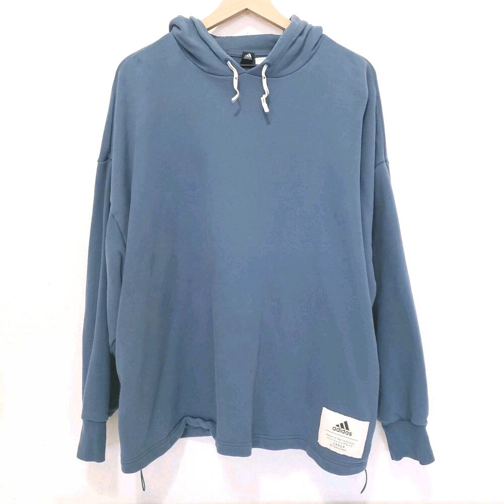 Adidas Hoodie Womens SIZE XL Blue Loose Fit Oversized Crop Boxy Drawstring Sides